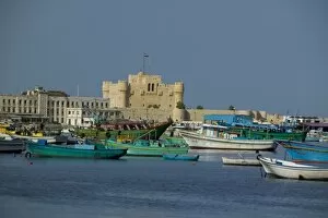 Fort Qu it Bey on the Mediterranean coast of Alexandria Egypt with foreground