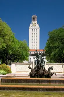 College Prints: A fountain on the campus of University of Texas in Austin with the clock tower in