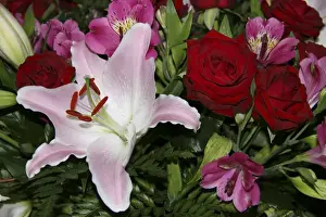 Marilyn Parver Prints: Full frame of flower arrangement including red roses and a Rubrum Lily