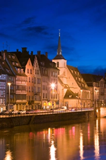 Alsace Prints: FRANCE-Alsace (Haut Rhin)-Strasbourg: St. Nicholas Church and Ill River / Evening