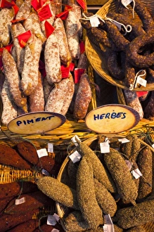 Images Dated 28th October 2010: France, Aquitaine Region, Dordogne Department, Sarlat-la-Caneda, covered market, sausages