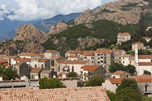 France, Corsica, Corse-du-Sud Department, Calanche Region, Piana, elevated town view