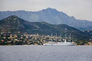 France, Corsica. Cruise ship at anchor off the coast at Ile Rouse