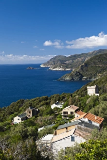 France, Corsica, Haute-Corse Department, Le Cap Corse, Pino, elevated town view