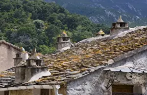Corsica Prints: France, Corsica. Slate roof and hand-molded chimneys on house in village of Oletta