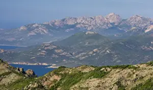 Striking Prints: France, Corsica. View of Monte Cintu from summit along the Mare e Monte Nord Trail