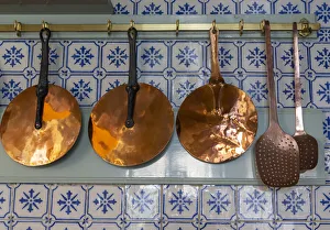Prints of France, Giverny. Copper utensils in kitchen of Monets house. Credit as: Wendy Kaveney / Jaynes Gallery / DanitaDelimont. com Images Dated 2019 June: France, Giverny. Copper utensils in kitchen of Monets house