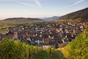 Images Dated 11th October 2010: France, Haut-Rhin, Alsace Region, Alsatian Wine Route, Riquewihr, town view, dawn, autumn