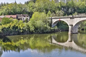 Lot River Prints: France, Lot River. Stone bridge over the Lot River