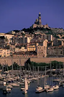Marseille Prints: France, Marseille, Provence. View of port and Basillica Notre Dame de la Garde