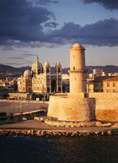 France, Marseille, View of Marseille cathedral de la Major and fort St. Jean