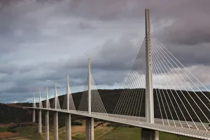 Images Dated 17th October 2010: France, Midi-Pyrenees Region, Aveyron Department, Millau, Millau Viaduct Bridge, dusk