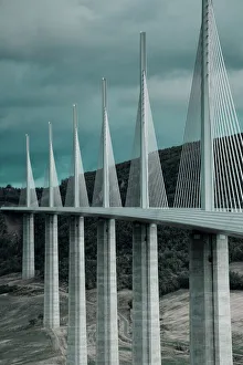 Trending: France, Midi-Pyrenees Region, Aveyron Department, Millau, Millau Viaduct Bridge, dusk