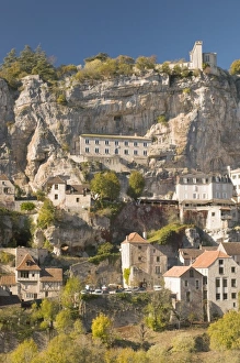 France, Midi-Pyrenees Region, Lot Department, Rocamadour, elevated town view, late