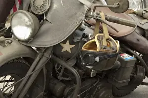 Images Dated 6th June 2010: France, Normandy, Arromanches. Vintage military motorcycles on famous battlefield