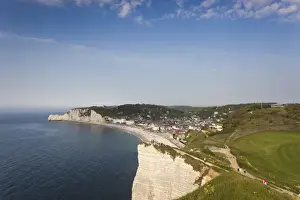 France, Normandy Region, Seine-Maritime Department, Etretat, elevated view of town beach