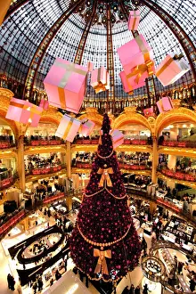 Ile De France Prints: France. Paris. Christmas decorations of Galeries Lafayette department store