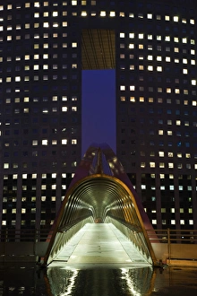 France, Paris, La Defense, pedestrian walkway, pre-dawn