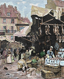 Hanging Prints: France. Paris. Market. Colored engraving, 1869