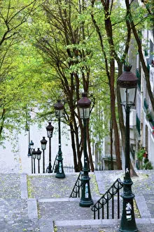 World Locations Prints: France, Paris, Montmartre, rue de Foyatier steps to the Place du Sacre Coeur, autumn