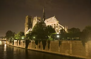 France, Paris. Notre Dame Cathedral lit at night