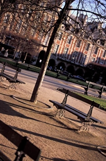Place Des Vosges Prints: France, Paris. Park benches in Place des Vosges