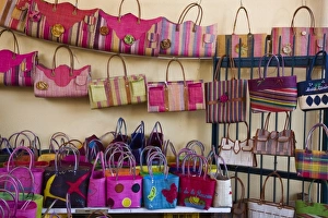 Images Dated 7th October 2008: France, Reunion Island, St-Pierre, Covered Market, Reunion-made bags for sale