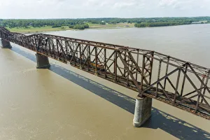 Union Pacific Prints: Freight train on Union Pacific railroad crossing the Mississippi river on the Thebes