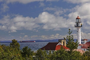 Nautical Prints: Freighter bound for Canada passing Whitefish Point Lighthouse, the oldest operating