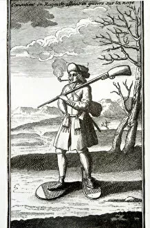 A French Canadian with snow shoes and gun, smoking, 1722. Canada