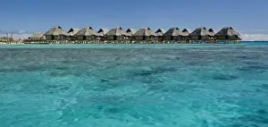 Images Dated 23rd August 2012: French Polynesia, Bora Bora. Over-water bungalows with grass thatched roofs