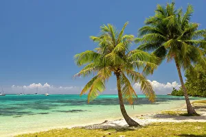 Moorea Prints: French Polynesia, Moorea. Landscape with moored boats and shore