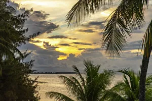 Moorea Prints: French Polynesia, Moorea. Sunset on island and ocean