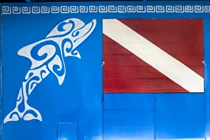 Images Dated 7th October 2008: French Polynesia, Society Islands, Rangiroa. A dolphin and dive flag painted on