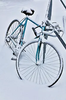 Prints of Fresh snow on bike, town of Snoqualmie Images Dated 2017 December: Fresh snow on bike, town of Snoqualmie