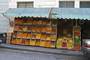 Images Dated 20th August 2005: A fruit and vegetable shop displaying products in wooden crates on the street: tomatoes