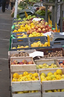 Fruits, apples and vegetables for sale at a market stall at the market in Bergerac