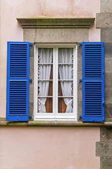 Abode Prints: Furnas, Sao Miguel, Azores, Portugal. Blue shuttered window on a pink stucco building