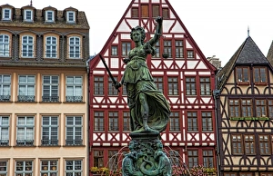Prints of Gabled architecture and statue of Romerberg, Old Town, Frankfurt, Germany Images Dated 2027 October: Gabled architecture and statue of Romerberg, Old Town, Frankfurt, Germany