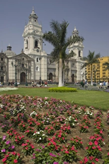 Lima Prints: Gardens in front of La Catedral, The Cathedral of Lima, Plaza de Armas, Lima, Peru