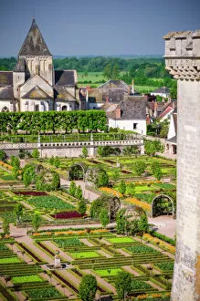 Gardens and village, Chateau de Villandry, Villandry, Loire Valley, France