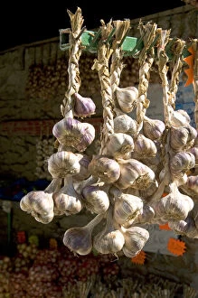 Garlic being sold at a market at Saint-Broladre in the nation of Brittany a province