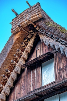 Farmhouse Prints: Detail of Gassho-zukuri construction, Hida No Sato, Hida Folk Village, Takayama, Japan