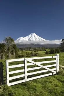 Gate and Farmland near Stratford and Mt Taranaki / Mt Egmont, Taranaki, North Island