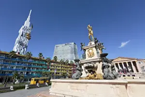 Images Dated 23rd September 2014: Georgia, Batumi. The fountain of Neptune park with the Batumi Technical University