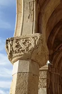 Georgia, Kutaisi. Carvings of creatures in a stone pillar at Bagrati Cathedral