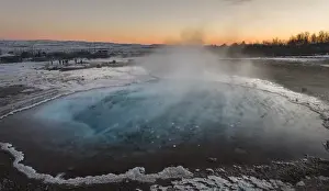 The geothermal area Haukadalur part of the touristic route Golden Circle during winter