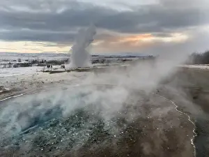 Smoke Prints: The geothermal area Haukadalur part of the touristic route Golden Circle during winter