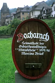 Germany Bacharach famous wine village sign in mountains by Rhine River