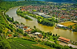 Germany, Bad Wimpfen. Aerial view of town and Neckar River